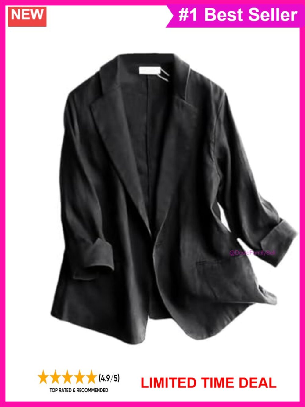 Linen Blend Blazer 3/4 Sleeve One Button Lightweight Work Office